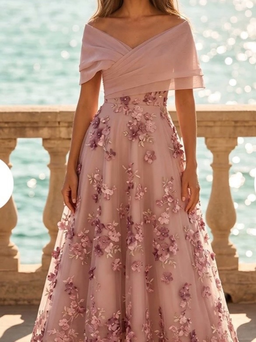 Off-Shoulder Pink Floral Appliqué Strapless Gown